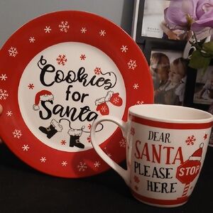 Festive Red and White Christmas Plate and Mug Set